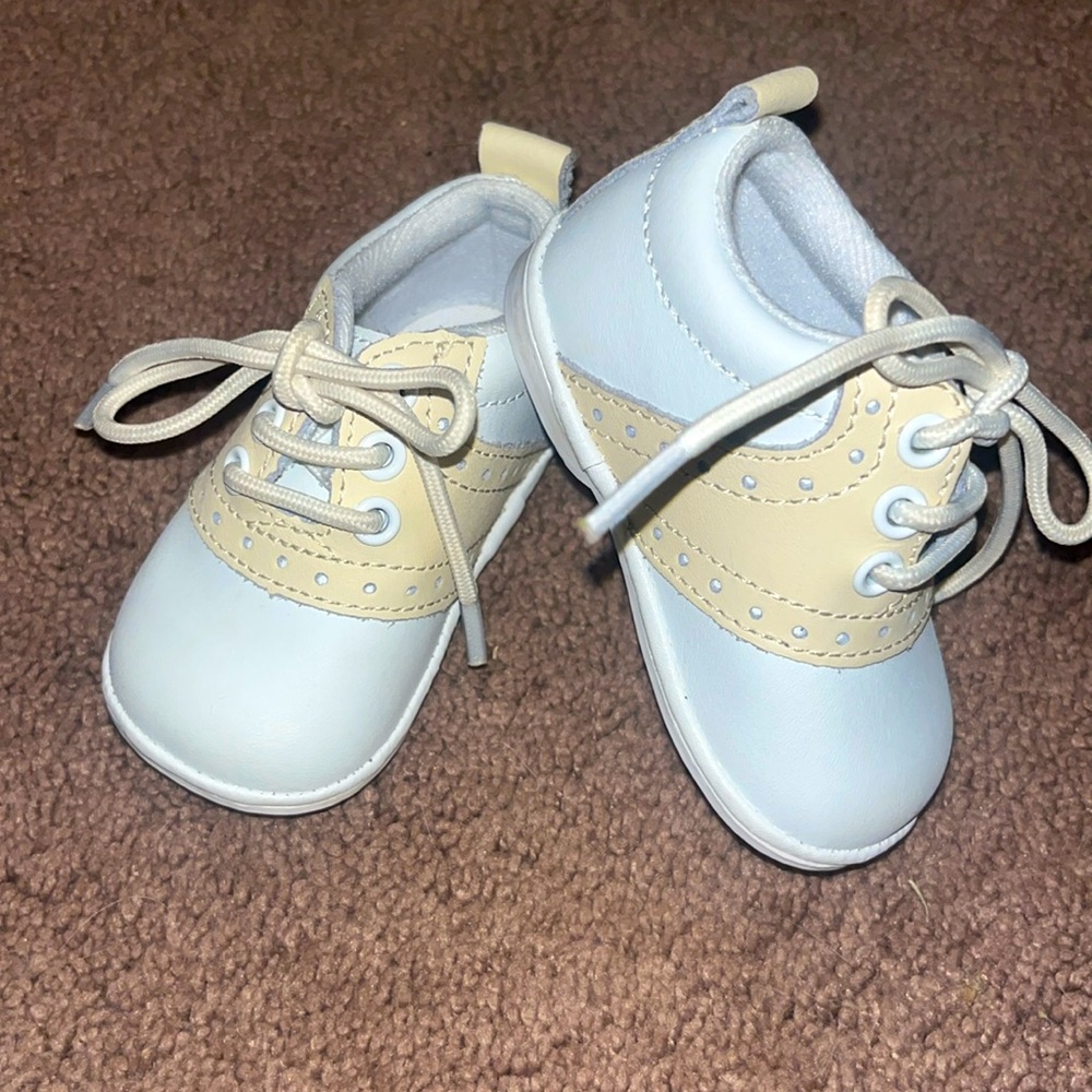 EUC Angel Baby Boys Beige Leather Lace Up Saddle Oxford Shoe